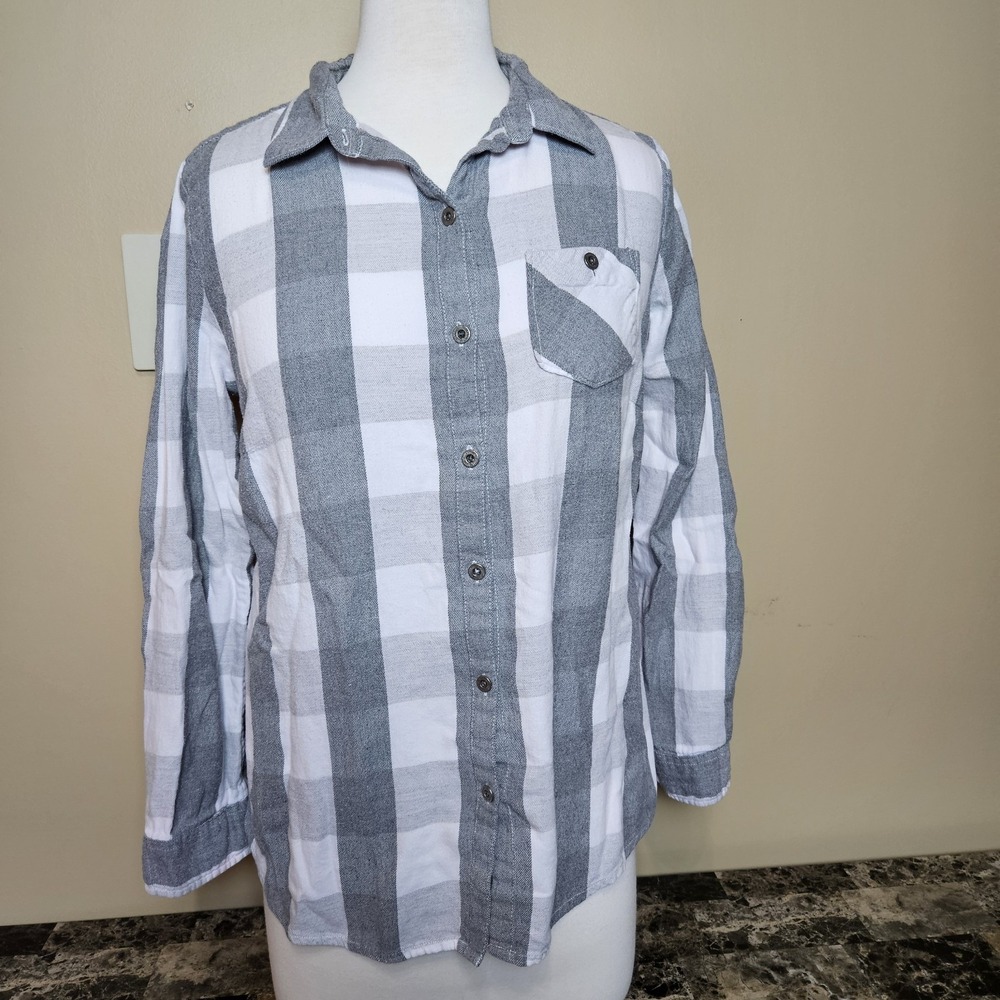 Ruff Hewn Gray White Plaid Button Down Shirt Womens Small 100% Cotton Flannel